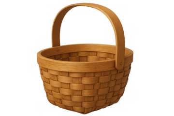 Realistic 3d rendering of an empty wicker basket with a sturdy handle, isolated on a transparent background