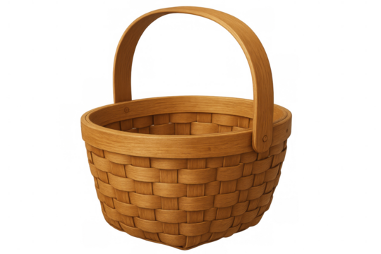 Realistic 3d rendering of an empty wicker basket with a sturdy handle, isolated on a transparent background