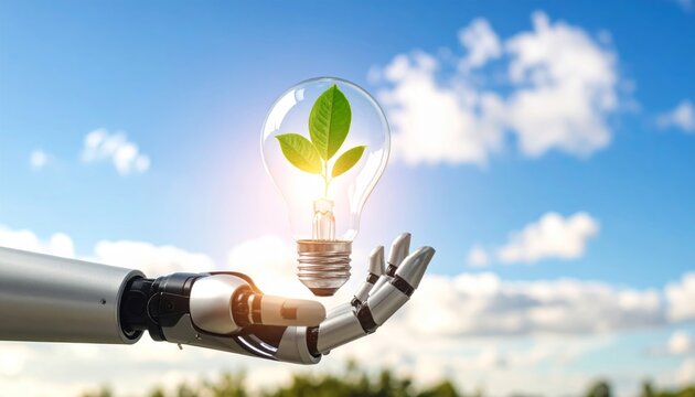 Mano robótica sostiene bombilla con planta en su interior, representando la fusión entre sostenibilidad y tecnología, innovación ecológica y automatización orientada al desarrollo ambiental