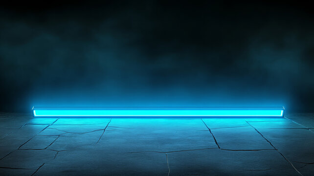 Glowing blue neon light on cracked stone floor with dark moody background, futuristic atmosphere