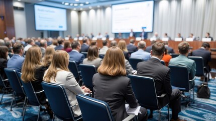 Business conference that takes place in a large conference room, workshop for young professionals, training in a large conference room, adult training