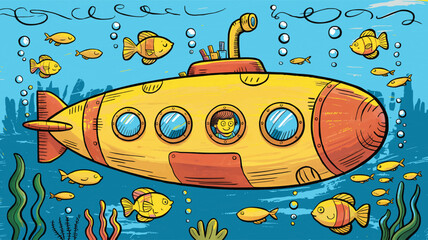 Fototapeta premium Cartoon Yellow Submarine Underwater with Fish and Bubbles vector illustration,Generative Ai
