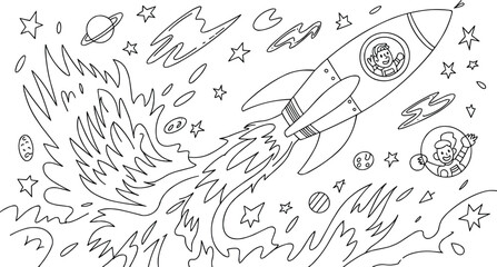 Obraz premium Rocket and Space Scene coloring page Line Art Drawing with Astronaut vector illustration,Generative Ai