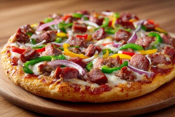A pizza sits on a wooden board topped with sausage peppers and onions