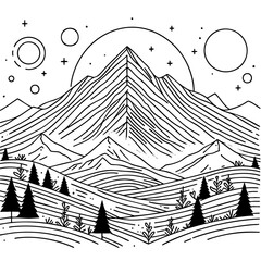 Minimalist Mountain Landscape Line Art: Black and White Nature Drawing
