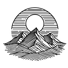 Majestic Mountains and Sun: A Minimalist Line Art Landscape