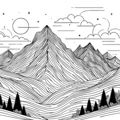 Majestic Mountain Peaks: A Line Art Landscape