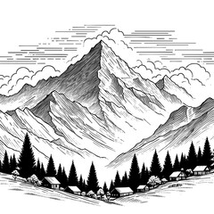 Majestic Mountain Peak and Serene Village Landscape