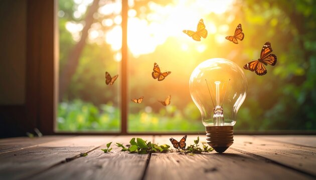 Luz c&aacute;lida del atardecer iluminando una bombilla con mariposas alrededor y una planta brotando desde dentro