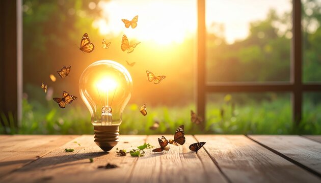 Luz c&aacute;lida del atardecer iluminando una bombilla con mariposas alrededor y una planta brotando desde dentro