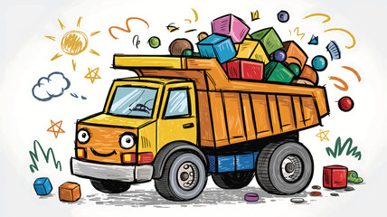 Naklejka premium Crayon Style Dump Truck Illustration with Toy Blocks vector illustration,Generative Ai