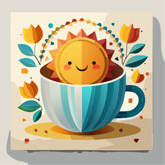 A comforting vector greeting card with a large teacup, flowers and a smiling sun, illustrated in uplifting Bauhaus design and 3D style.