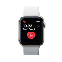 Obraz na płótnie Canvas A white smartwatch displaying time, heart rate, and step count on its screen.