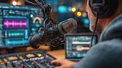 A person wearing headphones speaks into a professional microphone in a recording studio with sound mixing equipment and audio editing software visible.