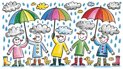 Crayon Style Children Holding Umbrellas and Standing in Rain Vector Illustration,Generative Ai