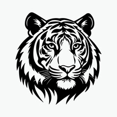A striking and detailed illustration of a tiger's head, rendered in bold black and white. This powerful image captures the intensity and majesty of the big cat, making it ideal for logos, sports masco