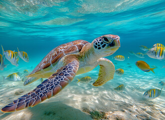 Obraz premium A colorful sea turtle swimming gracefully near the sandy ocean floor