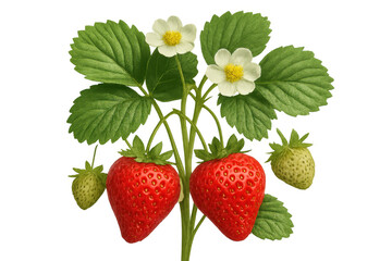 Fresh strawberries ripening on plant, displaying red fruits, green foliage, white blossoms against transparent backdrop