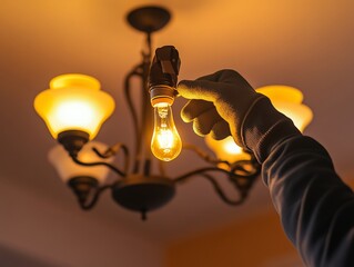 selective focus, a person changing a light bulb in a chandelier