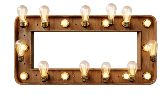 Glowing Lightbulbs in Wooden Frame on Transparent Background, PNG