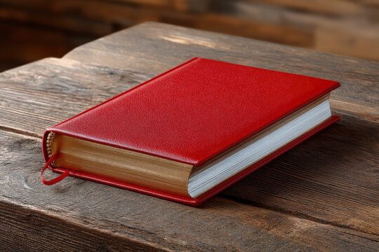 A red hardcover book with gold edging sits on a weathered wooden surface A red ribbon bookmark is visible