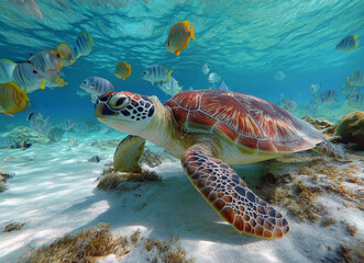 Fototapeta premium A colorful sea turtle swimming gracefully near the sandy ocean floor