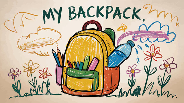 Hand drawn backpack with Back to school supplies and doodles crayon sketch card vector illustration,Generative Ai