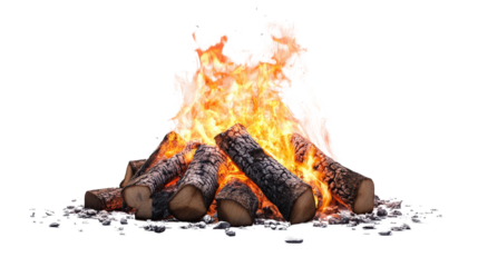 Bonfire with detailed logs burning intensely Transparent background, PNG