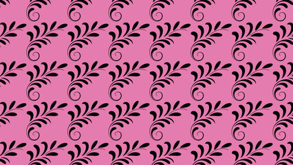 Stylized black floral swirl pattern on pink background in diagonal layout
