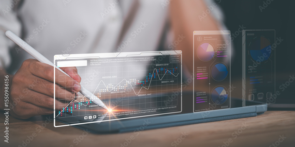 Poster Businessman reading graph report and business statistics charts ,Analysis and improvement of corporate strategy ,Statistics and Data Concepts ,business growth graph ,Business analytics connected