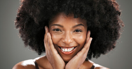 Afro woman, happy or portrait with skincare beauty with hydration results, space and shine. Smile,...