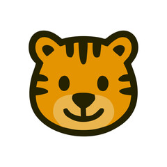 Cartoon Tiger Face Icon with Friendly Expression and Bold Stripes, A smiling orange tiger face with round ears, black stripes, and dot eyes—playful and minimal design ideal for kids’ branding and jung