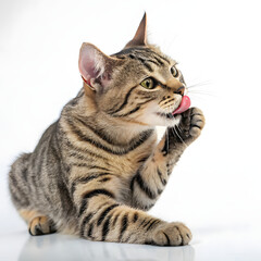 Fototapeta premium An adorable tabby cat grooming itself, showcasing its soft fur and cute expression against a clean white background