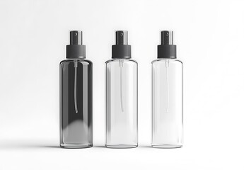 Three Transparent Spray Bottles with Black Caps on White Background

