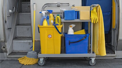 Close-up of cleaning supplies in a rolling cart next to aircraft door