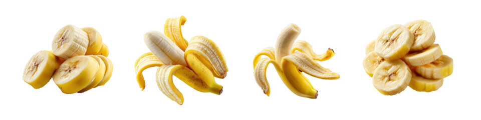 Fresh Banana Slices and Peels Collection on transparent background