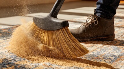 Worker sweeping dust and debris from a tiled living room floor