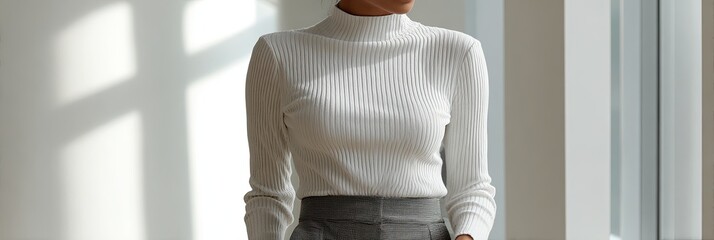 A close-up of a woman wearing a white ribbed turtleneck and grey trousers with her arms gently at her sides