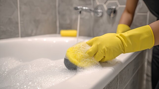 Worker scrubbing bathtub in a home bathroom with strong cleaning products