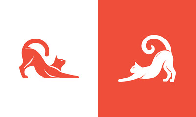 Stylized cat stretching on a split background ai generated