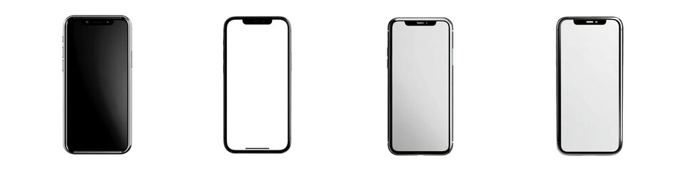 Smartphone Device Mockups in Black and White empty screen on transparent background