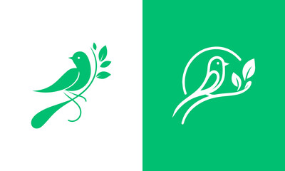 Elegant green bird perched on a branch with leaves logo design ai generated