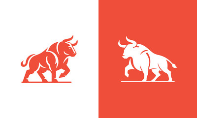 Stylized bull silhouette charging forward on white and red backgrounds ai generated