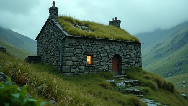 Stone Cottage in Misty Green Hills quaint stone cottage with a grassy roof and glowing window nestled in a foggy, green mountainous landscape