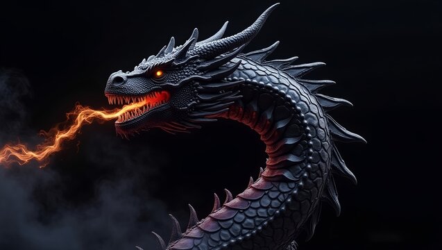 Fire-Breathing Black Dragon on Dark Background dramatic digital illustration of a fierce black dragon with glowing orange eyes, exhaling a stream of fire