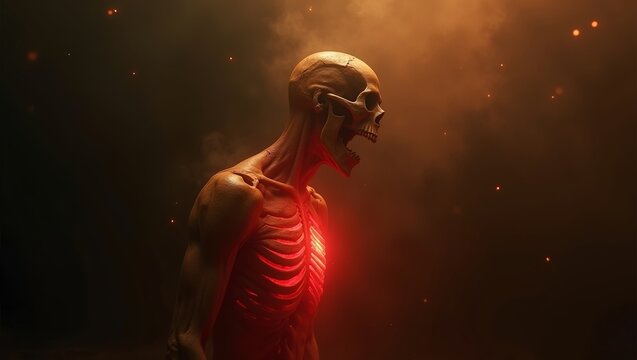 Glowing Skeleton Screaming in Fiery Smoke skeleton with glowing red light emanating from its chest