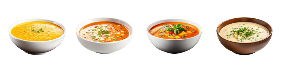 Soup Bowl Collection with Different Toppings Isolated on transparent background PNG