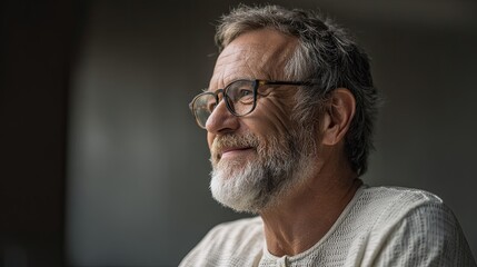A distinguished older man with a salt-and-pepper beard and glasses smiles warmly The soft lighting from the side creates subtle