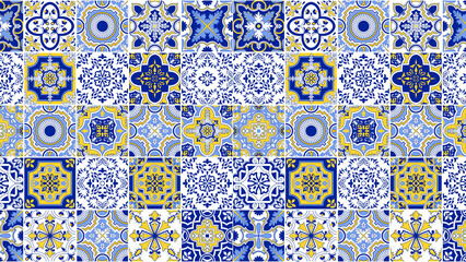 A pattern of blue and yellow square tiles with various floral and geometric designs arranged together