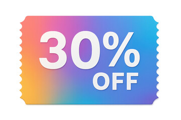 Vivid promotional coupon displaying 30% markdown, transparent backdrop highlighting retail savings for marketing campaigns